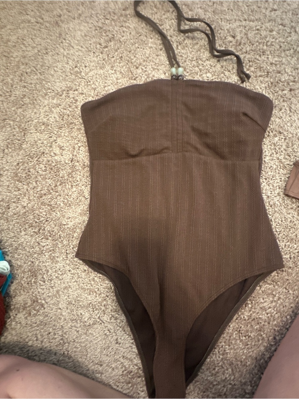 SHEIN Chocolate Ribbed Strapless One-Piece Swimsuit with Halter Tie